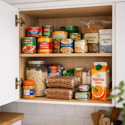 Kjøkkenskap med hermetikk, pasta, ris og annen langtidsholdbar mat